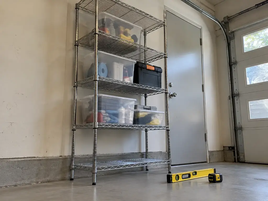 An Amazon Basics wire shelving unit stands on a garage slab with a spirit level and tape measure on the floor beside it