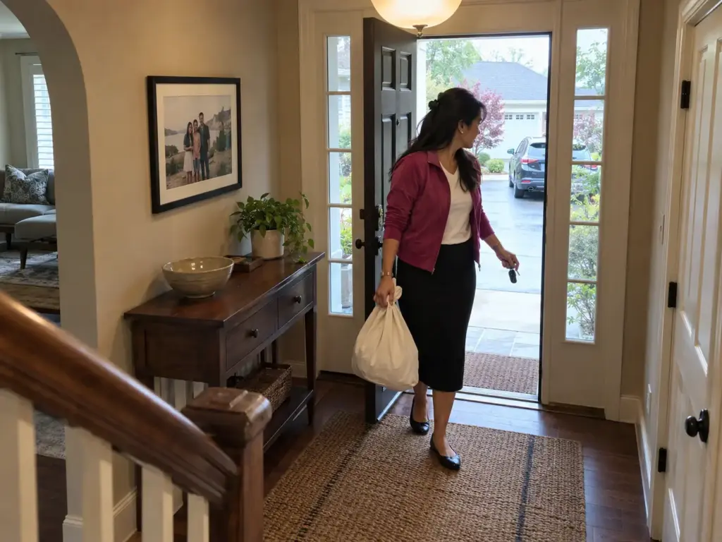 A woman at her front door with a small tied bag and car keys, heading to a donation stop on her way out