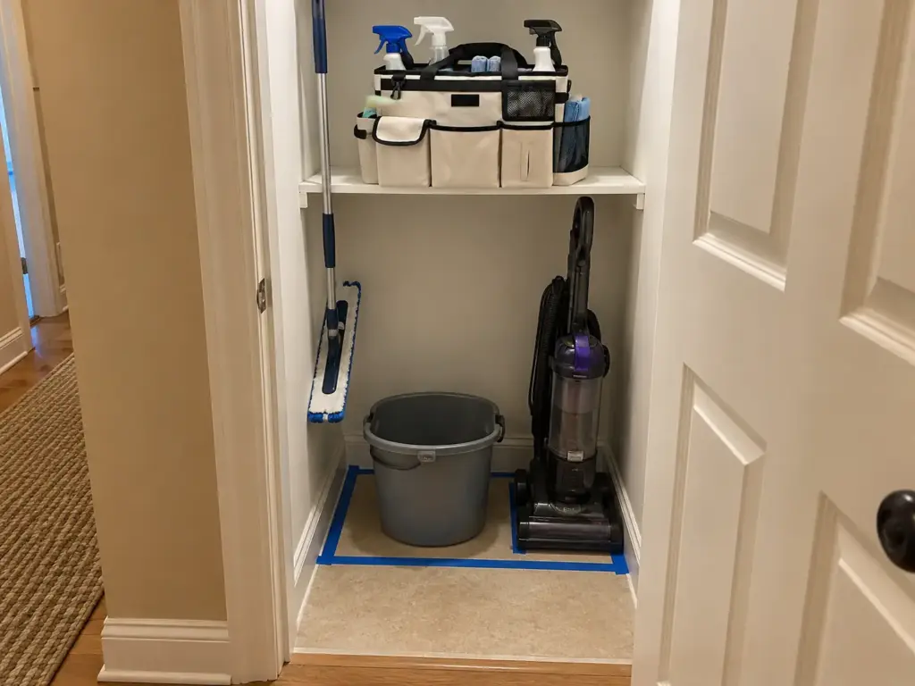 Broom Closet Organization Sized to Your Tallest Handle 5 A broom closet floor with a bucket and vacuum inside a taped outline, a mop hung to dry and a handled caddy on the shelf