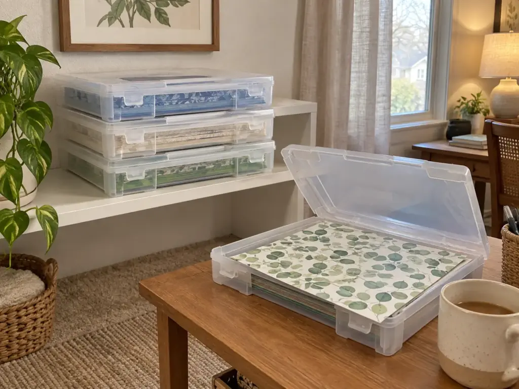 Clear scrapbook cases stacked on a craft room shelf and one open case showing flat patterned paper on the table