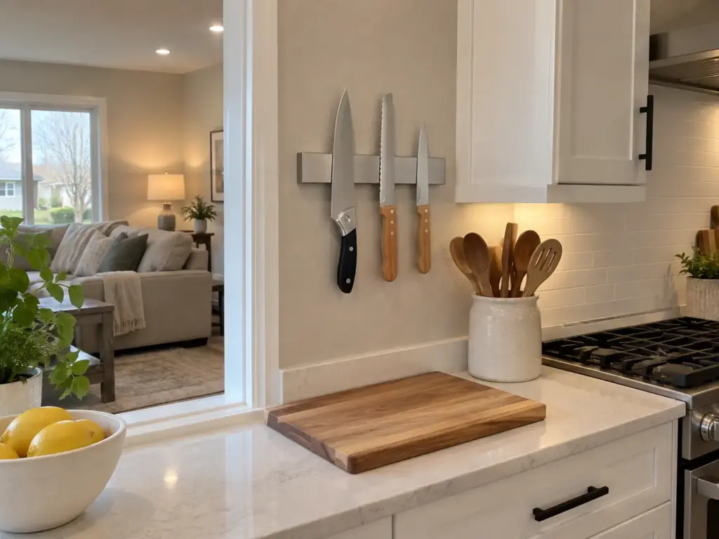 A magnetic knife strip on a kitchen wall holds a chef's knife, a bread knife and a paring knife above a clear quartz counter
