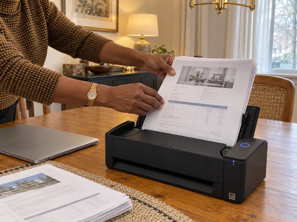 A woman's hands feed a short stack of pages into a document scanner on the dining table, a closed laptop beside it