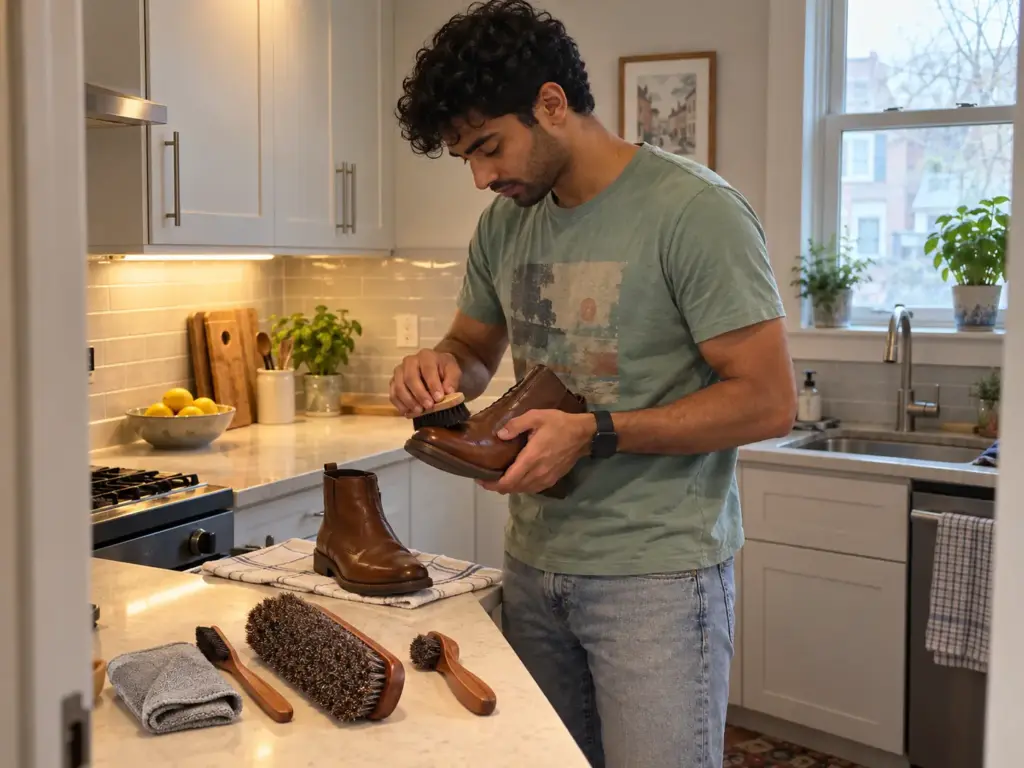A young man brushes a brown leather ankle boot at the kitchen counter beside an open horsehair shoe brush kit