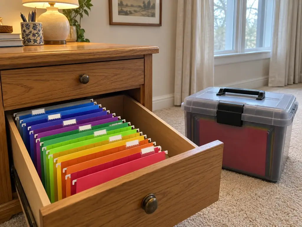 How to Organize Paper Clutter and Stop It Coming Back 6 A pulled-out desk drawer holding hanging file folders with a portable file tote on the carpet beside the oak desk