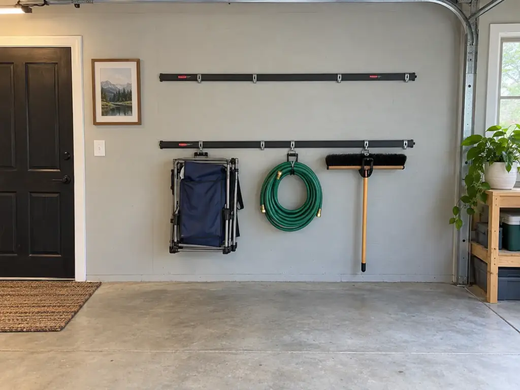 Finished Rubbermaid FastTrack rails with hooks holding a camp chair, a coiled hose and a push broom on a garage wall