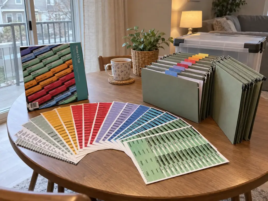 Best Filing Systems for Home Compared by Where They Break 7 Open FreedomFiler kit with colored label sheets beside hanging folders, some labeled and some still bare, on a dining table