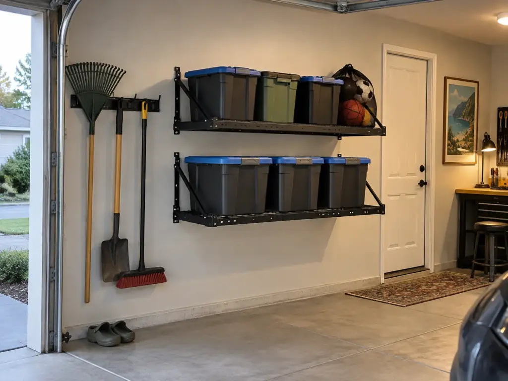 FLEXIMOUNTS garage wall shelf with a guardrail holding lidded totes beside a rail with a rake and a shovel