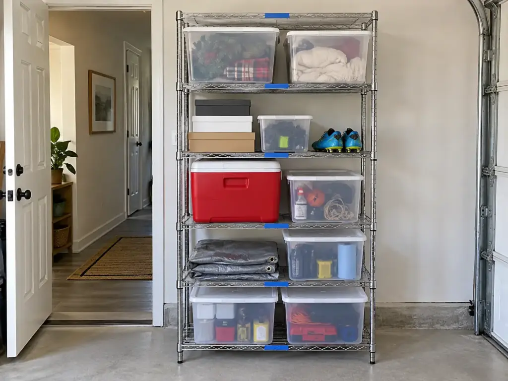 Garage Organization Ideas on a Budget, in the Right Order 4 Tall steel wire shelving unit in a garage holding lidded totes, a cooler and a folded tarp