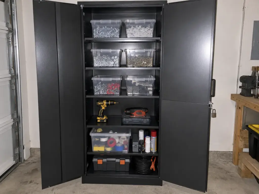 7 Garage Tool Organization Ideas That Fit Each Tool 6 A tall metal garage cabinet with its two doors open, clear lidded bins of screws on one shelf and power tools on another