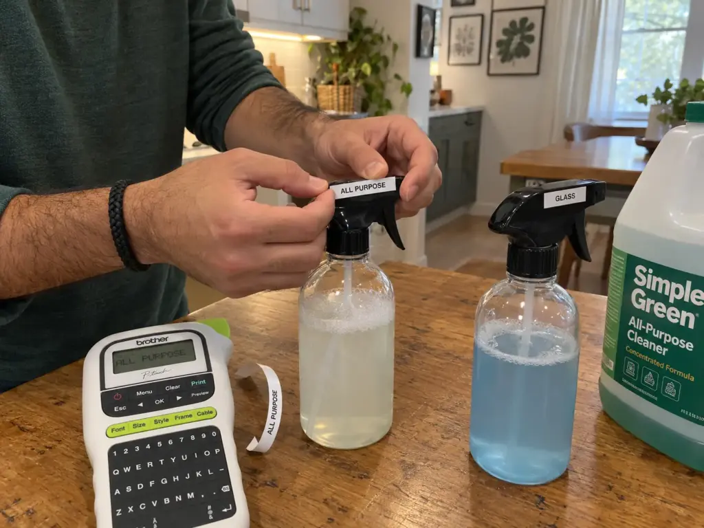 6 Cleaning Supply Organization Ideas That Stop Rebuying 5 A man's hands press a printed label onto the top of a spray bottle with a Brother P-Touch label maker beside a refill jug