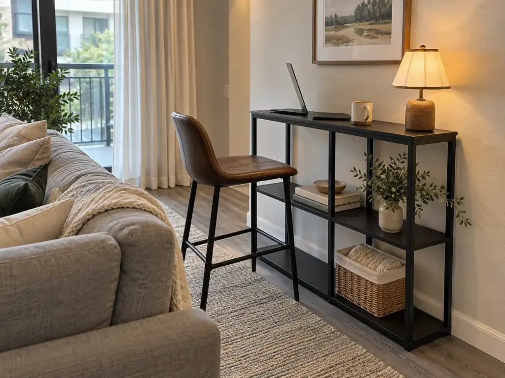 6 Home Office Ideas for Small Spaces Compared by Footprint 5 Slim black console table behind a sofa set up as a laptop desk, a no-drill home office idea for small spaces