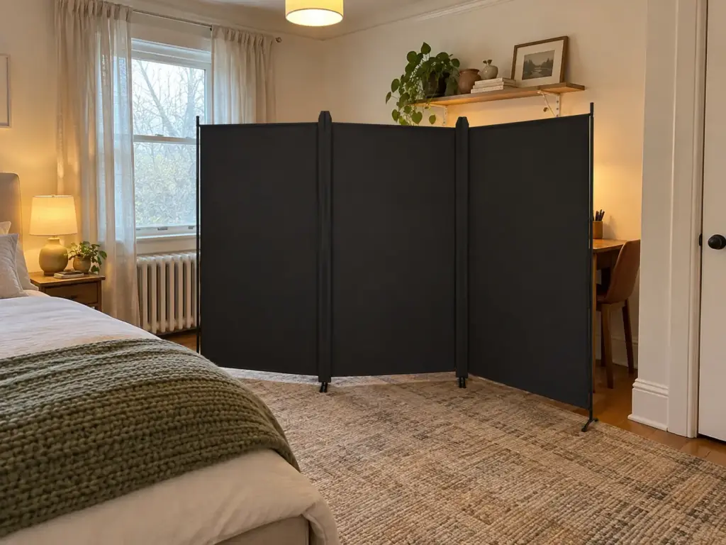 Home Office in Bedroom Ideas That Survive Week Three 5 Three-panel folding privacy screen standing between a bed and a small desk corner in a bedroom, hiding the desk