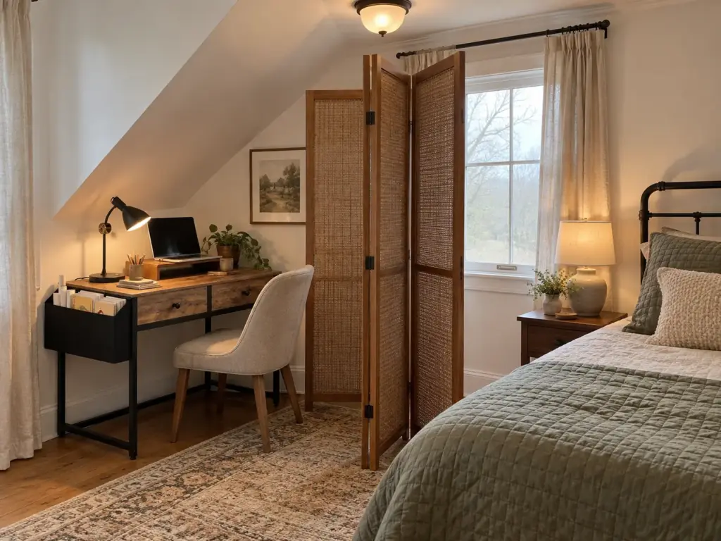 Small freestanding desk in a bedroom corner with a folding screen between it and the bed, a home office in a small space
