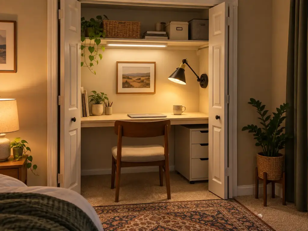 How to Create a Home Office in a Closet You'll Still Use 5 Closet desk lit by a plug-in swing-arm wall sconce and a light bar under the shelf, lighting for a closet office