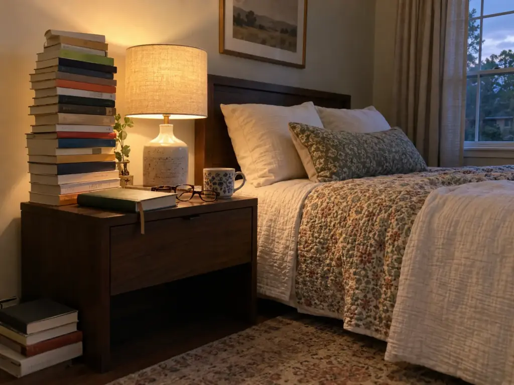A tall stack of unread paperbacks on a bedroom nightstand beside a lit lamp and a half-read hardcover with a bookmark