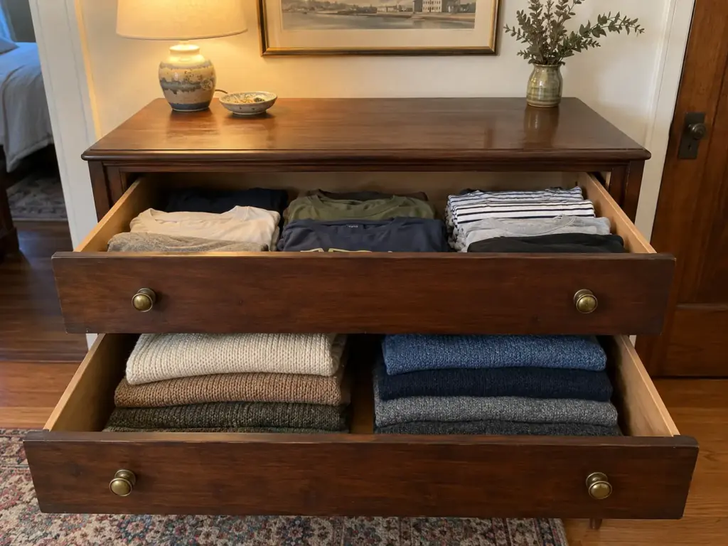 Two open dresser drawers, one loosely full of folded tees and one holding two stacks of knits, in a bungalow bedroom