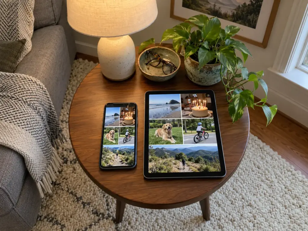 A phone and a tablet lie side by side on a side table, both showing the same grid of family photos