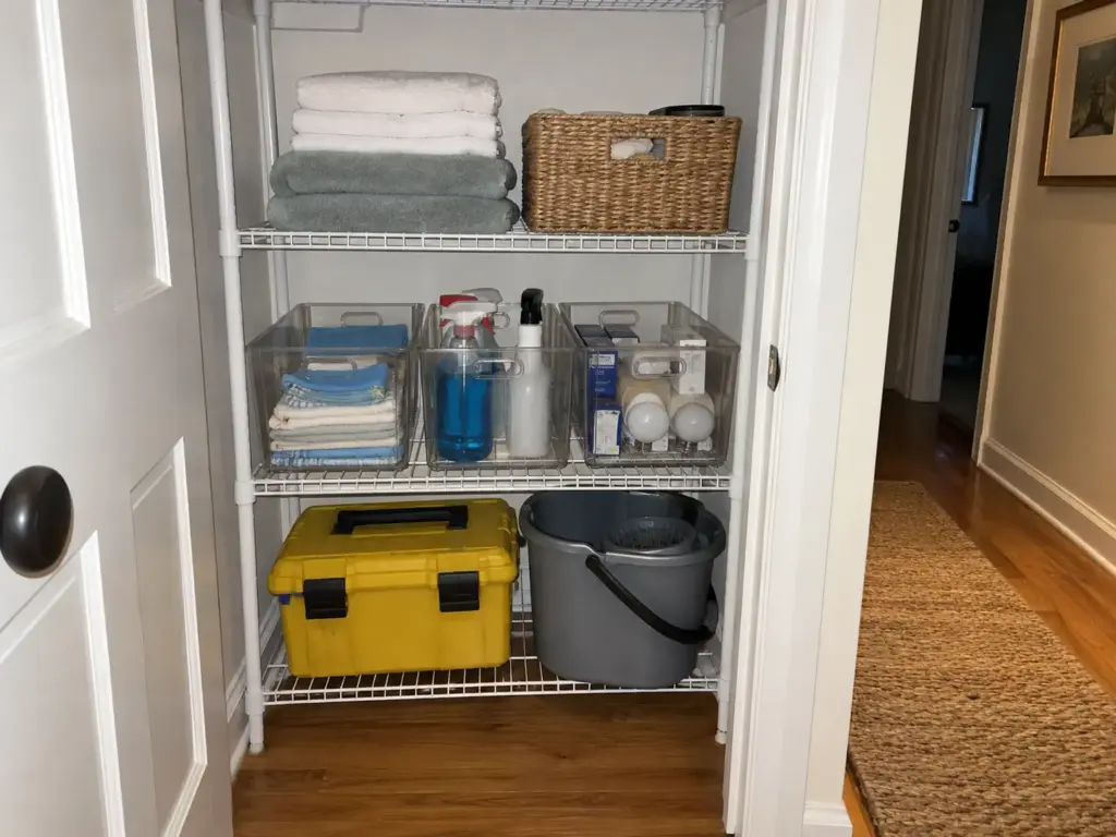 How to Organize a Utility Closet That Still Shuts 5 Closet shelves with a toolbox on the bottom shelf, a mop bucket beside it and clear bins of cloths and spray bottles above