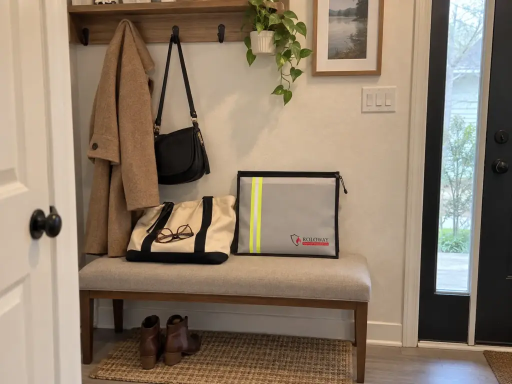 ROLOWAY fireproof document bag on a hallway bench beside a tote, a grab-and-go set of copied important documents