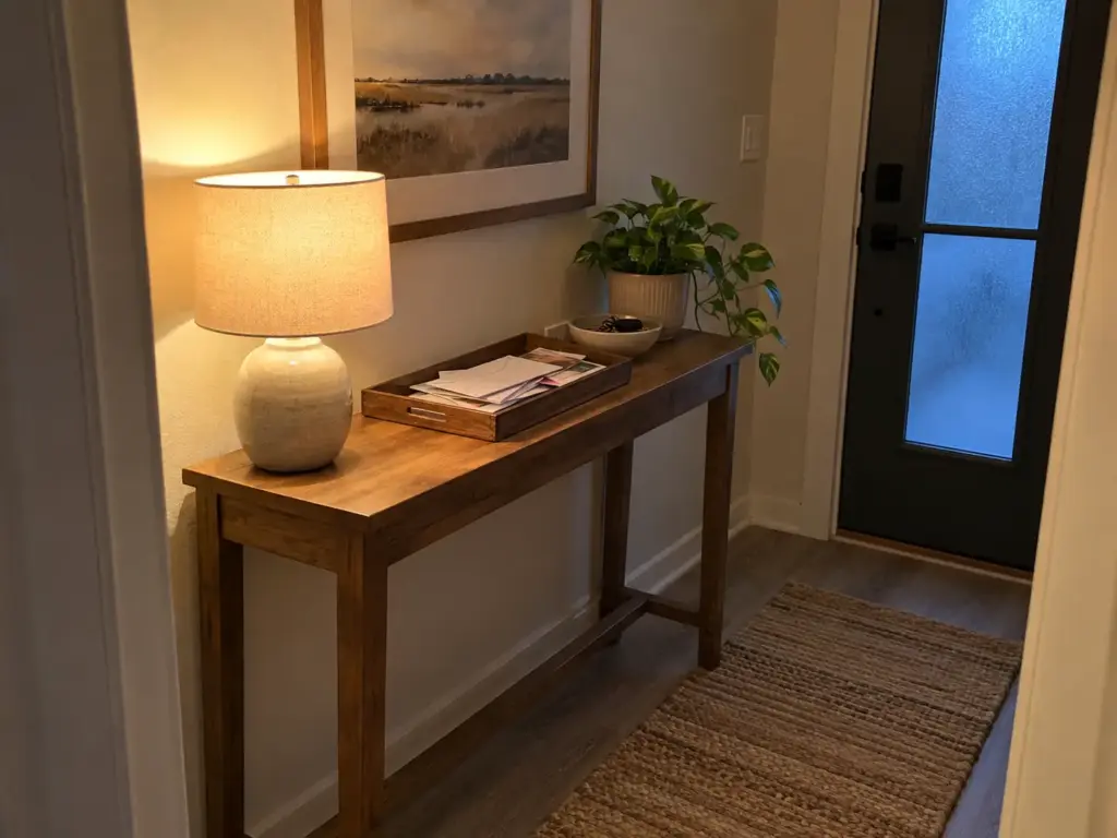 Mail in a shallow wooden tray on an entry console by the front door with a bowl of keys beside it