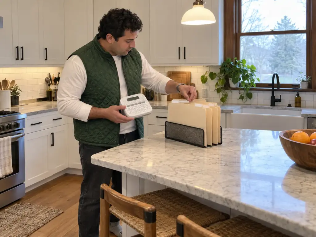 Mail Piling Up Again? A Mail Organization System That Holds 7 Man in a green quilted vest holding a Brother label maker while pressing a fresh label onto the tab of a standing folder