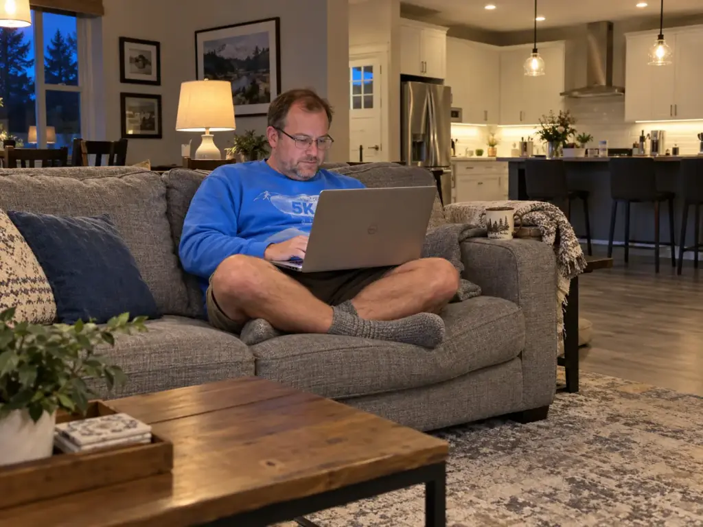 Why Going Paperless at Home Fails and How to Make It Stick 5 Man sitting cross-legged on a sofa with a laptop on his knees, its lid facing the room, searching for one old document