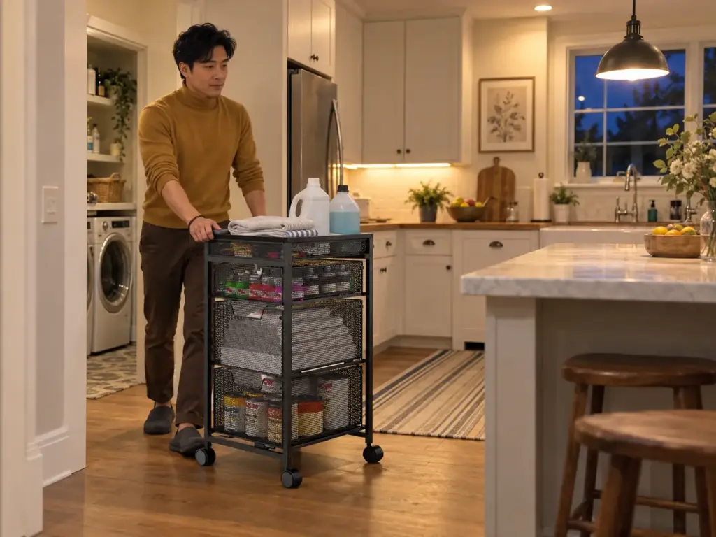 Best Cleaning Supply Organizers for the Space You Have 6 A man wheels a three-drawer rolling utility cart carrying folded cloths and jugs out of a laundry nook into the kitchen