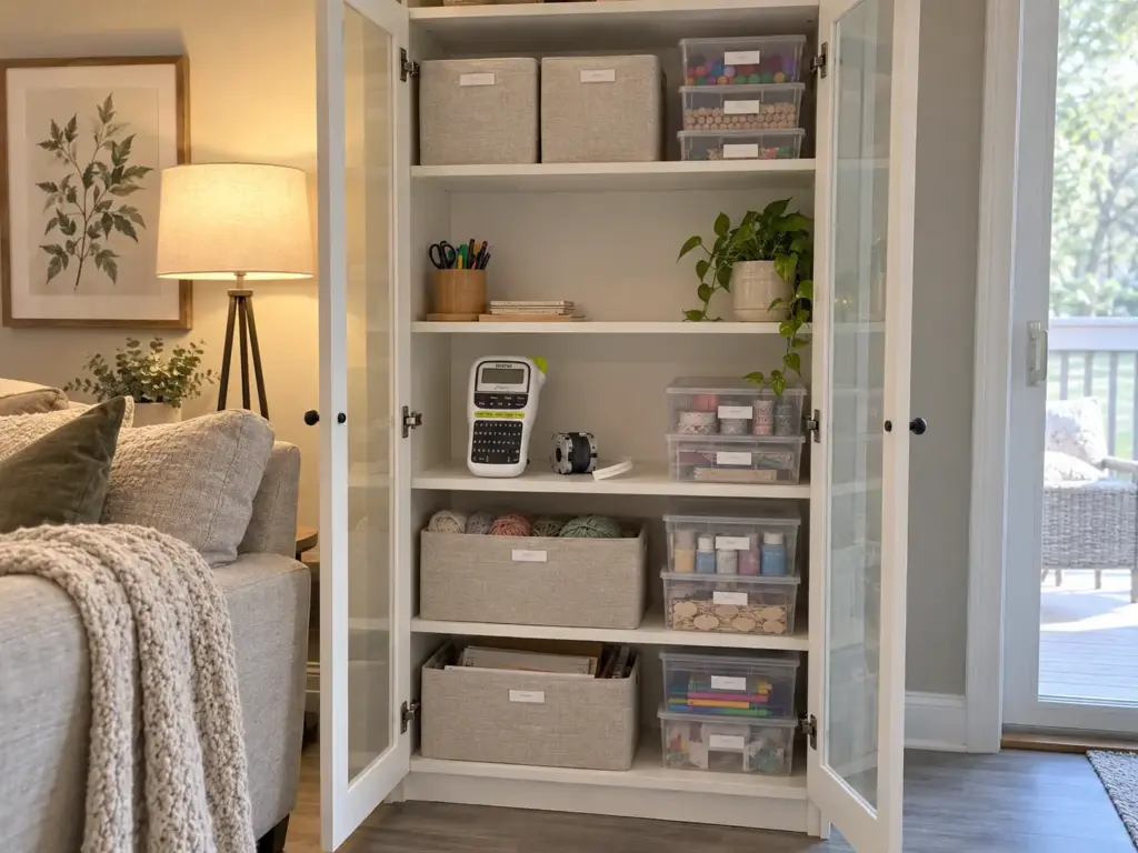 White bookcase with glass doors open in a living room corner, labeled craft boxes inside and a label maker on a shelf