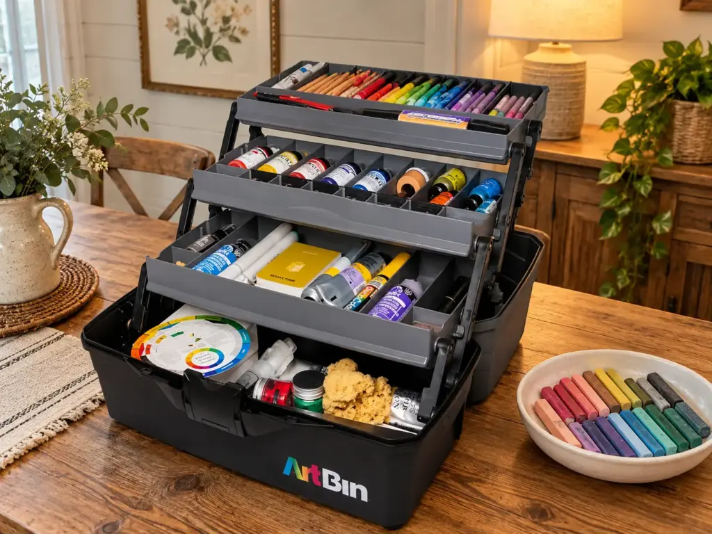 Open ArtBin lift-up tray box with pencils and markers sorted in the top tray and a dish of pastels beside it