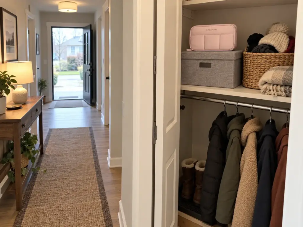 Portable Home Office Setup That Clears Off the Dinner Table 7 Hallway closet shelf with a lidded storage box and a zip organizer case holding a work-from-home kit, clear room in front