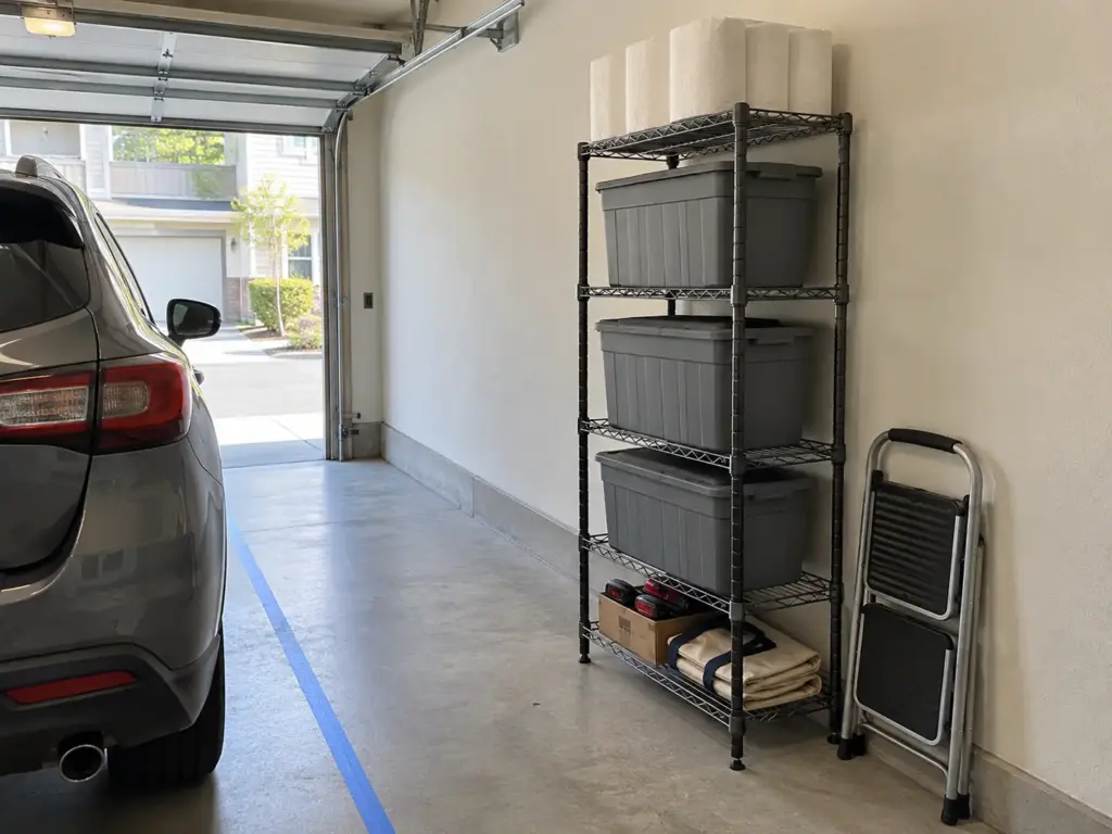 Car Still Has to Fit? Small Garage Organization Tips 5 A narrow four-shelf steel wire unit stands against a garage side wall with bins on it and the floor beside it clear