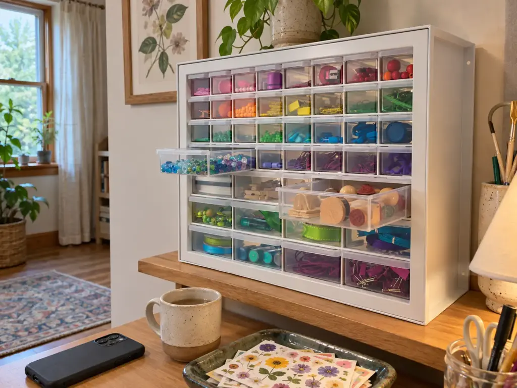 White 44-drawer small-parts cabinet on a craft desk with two drawers pulled out showing beads and stamps
