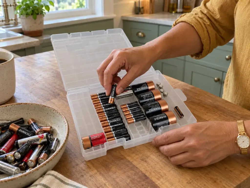A woman's hands sort AA and AAA batteries into the slots of a clear Home-X battery organizer case on a butcher-block counter