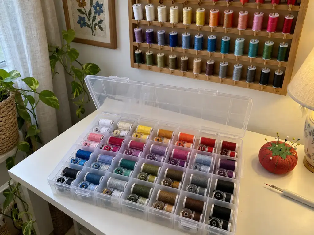 Sewing Room Organization That Sewists Actually Keep Up 5 Clear tackle box with paired spools and bobbins on a sewing table beside a pincushion and a wall thread rack