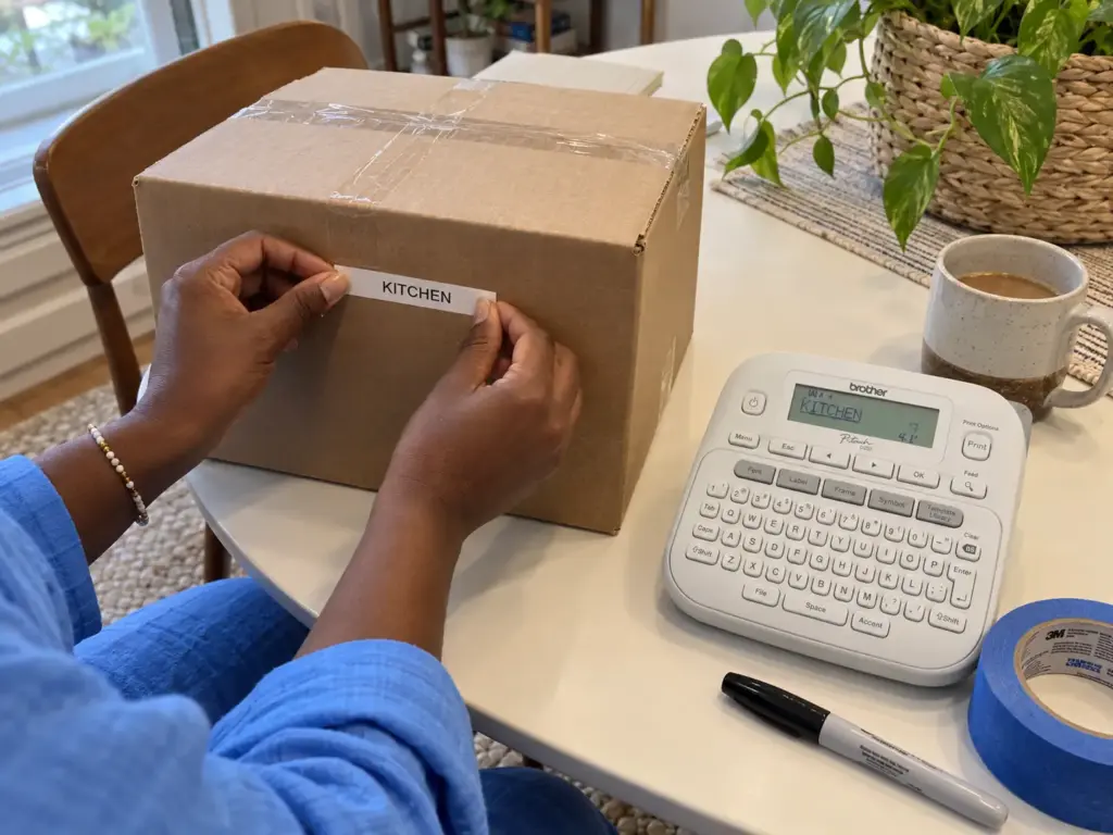 A woman's hands press a printed label strip onto a cardboard box on a dining table beside a Brother P-Touch label maker
