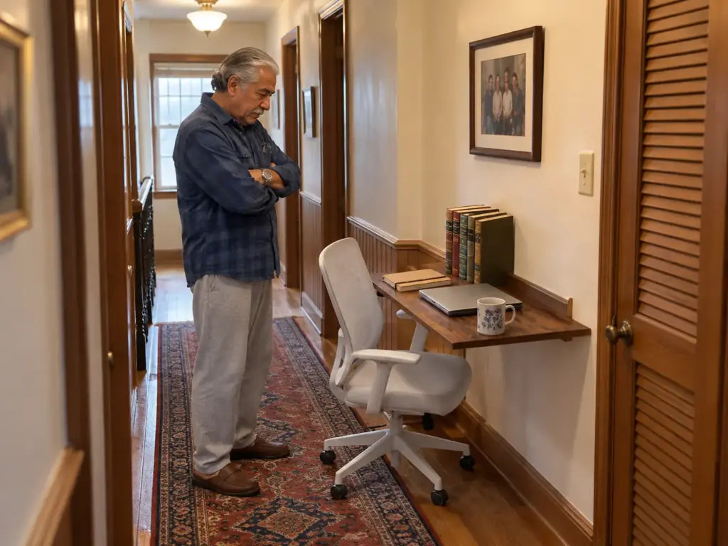 Man standing back from a finished wall-mounted folding desk in a hallway alcove with a laptop on its surface