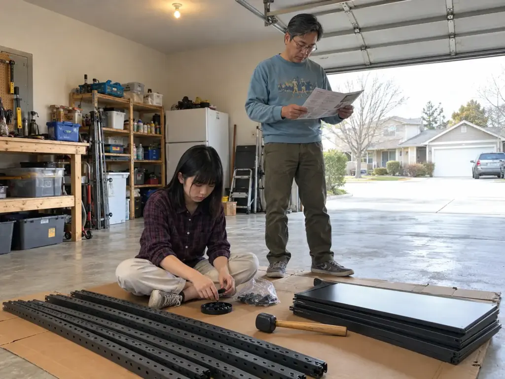 A father reads an instruction sheet while his daughter sits on the garage floor sorting shelf parts laid out before assembly