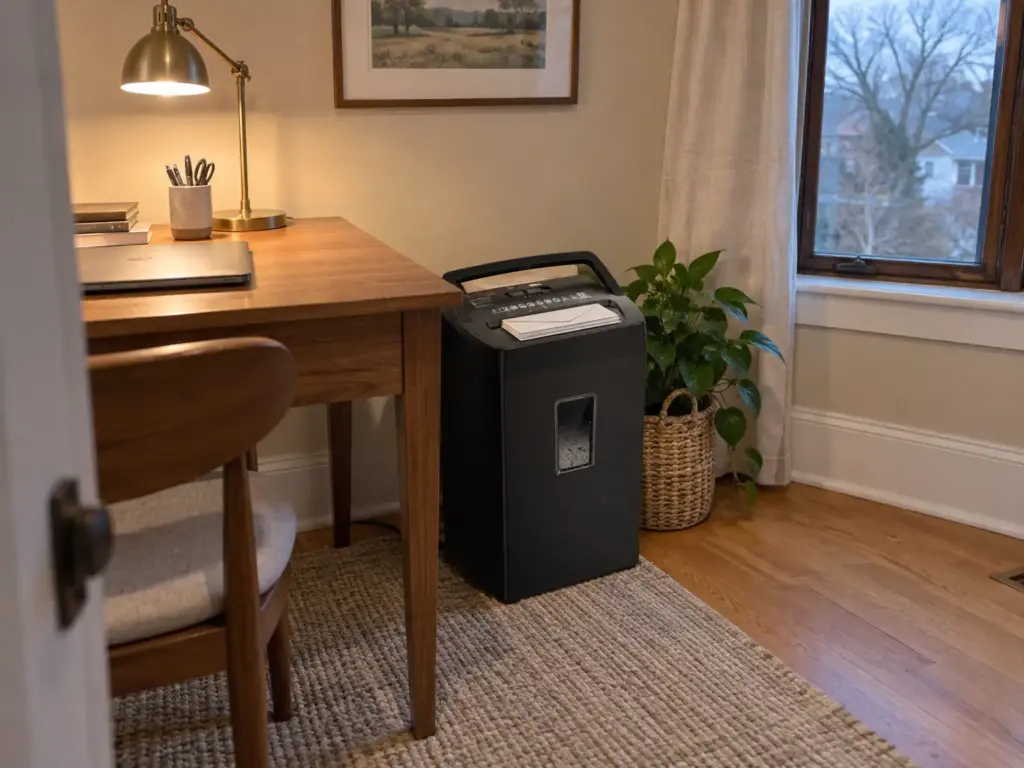 Mail Piling Up Again? A Mail Organization System That Holds 9 A black cross-cut paper shredder beside a desk with a short stack of envelopes face down on its lid