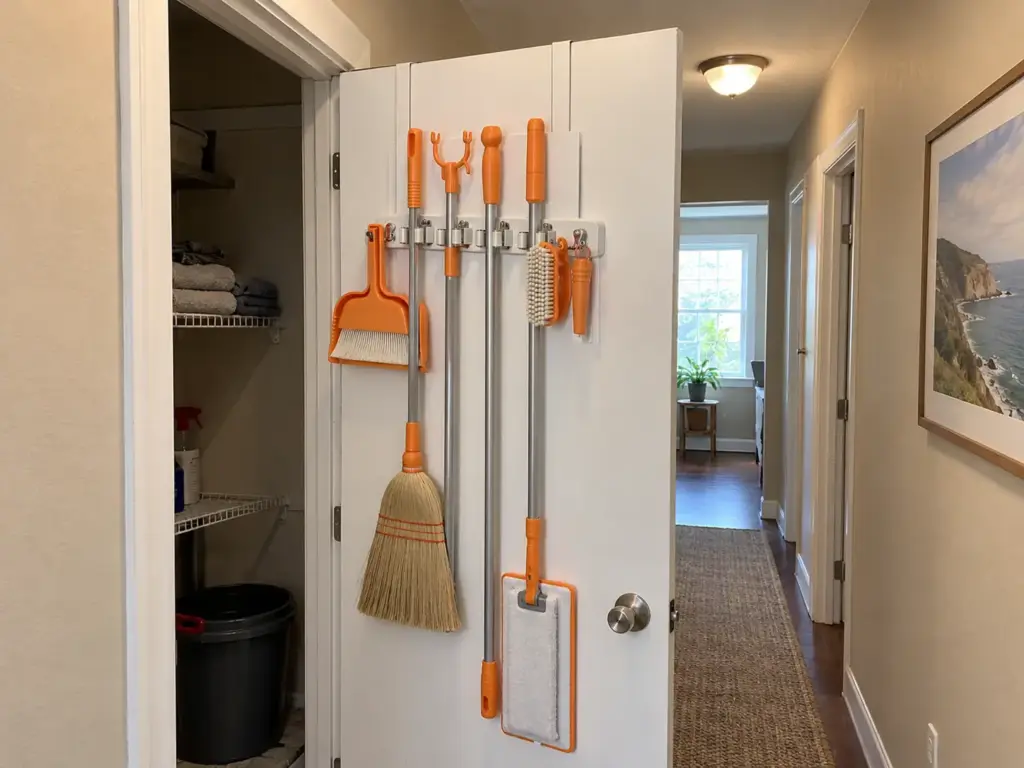 Broom Closet Organization Sized to Your Tallest Handle 6 A white over-the-door holder on an open closet door holds a broom and a mop upright with no holes in the door