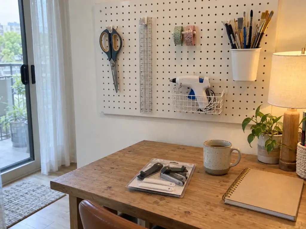 Finished craft pegboard with scissors, rulers and tape on hooks above a table with a mounting hardware pack in front