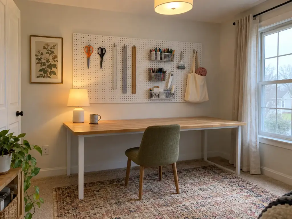 White pegboard above a craft room work table holding scissors, rulers and small baskets of pens and tools