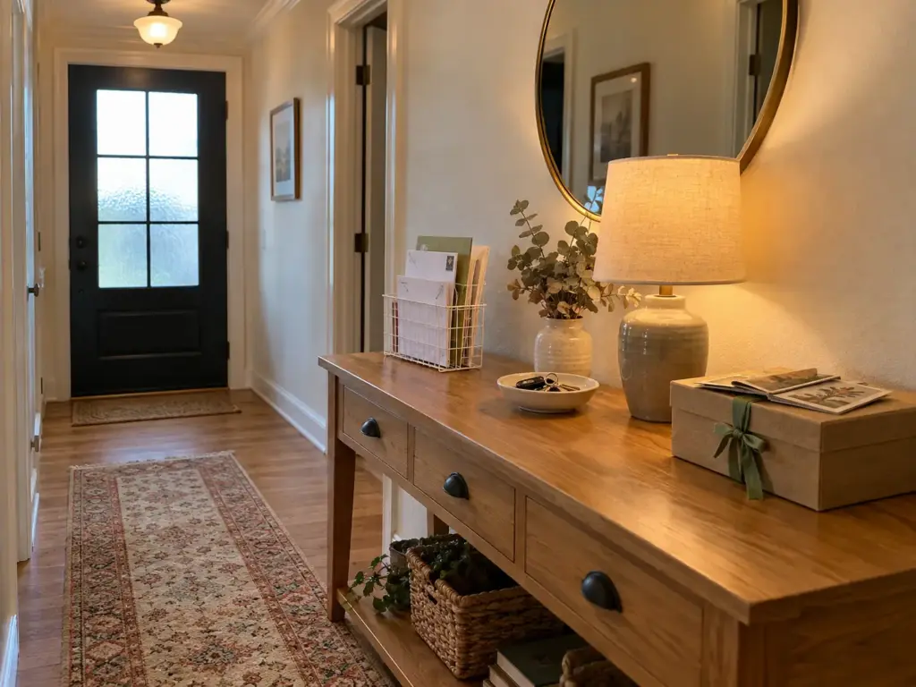 A wire vertical inbox holding a few envelopes beside a separate lidded keepsake box on a hallway console table