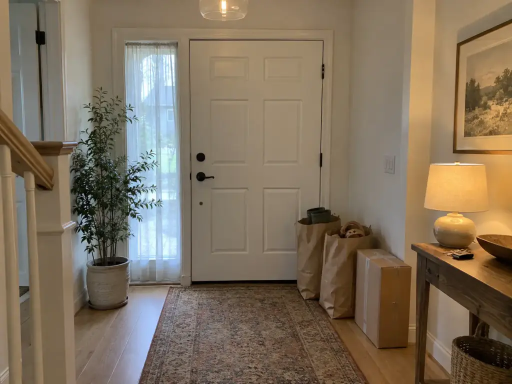 Two paper bags and a taped cardboard box of shoes stand beside the front door, ready to leave the house