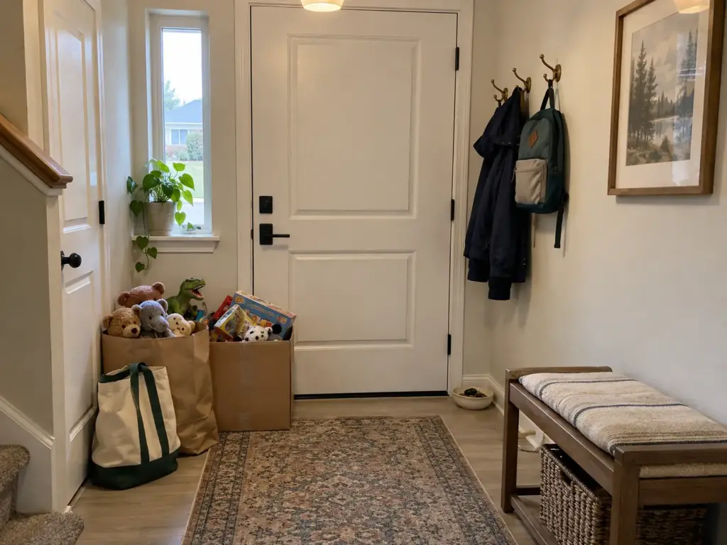 A cardboard box and a paper grocery bag of toys stand by the front door, ready to go to donation