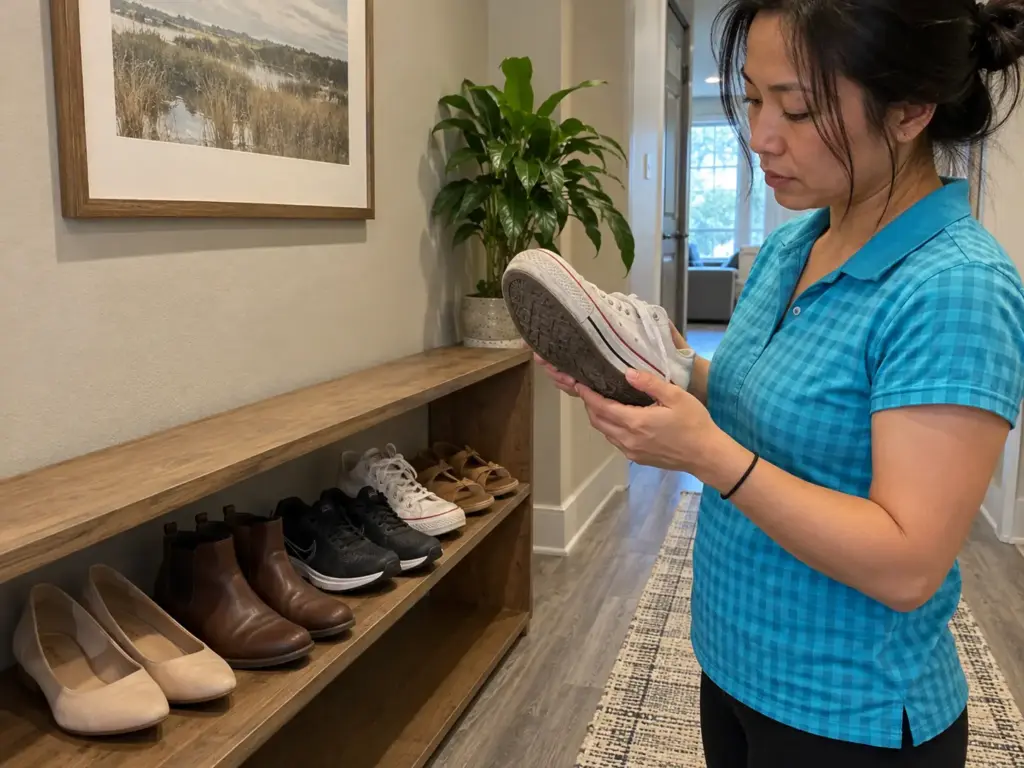 A woman's hands hold one worn sneaker beside a low open shoe shelf with several pairs lined up