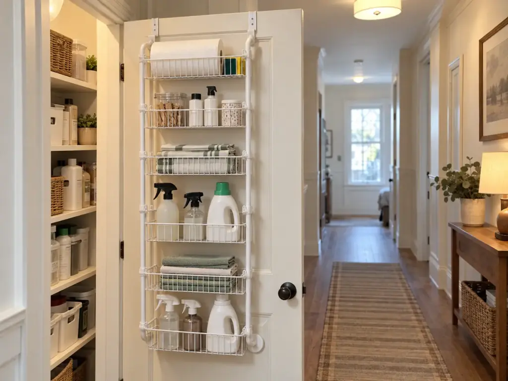 Best Cleaning Supply Organizers for the Space You Have 7 A six-tier metal over-the-door rack on a hallway closet door holding light cleaning supplies, the door still swinging freely