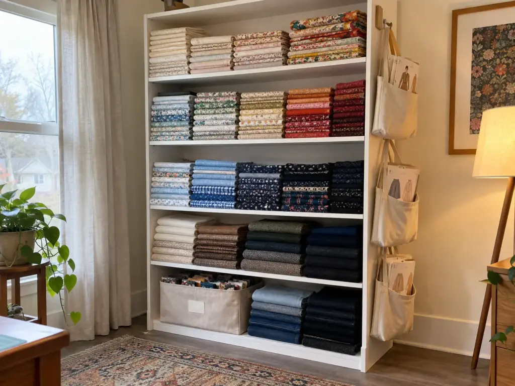 Sewing Room Organization That Sewists Actually Keep Up 6 Open shelves of folded fabric sorted by color beside a fabric bin and hanging project bags in a sewing room