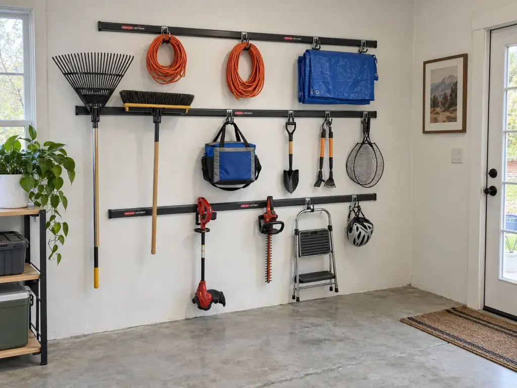 Best Garage Storage Systems by What You Actually Store 9 Finished wall rail system with hooks holding a rake, a broom, a cooler bag and coiled cords on a white garage wall