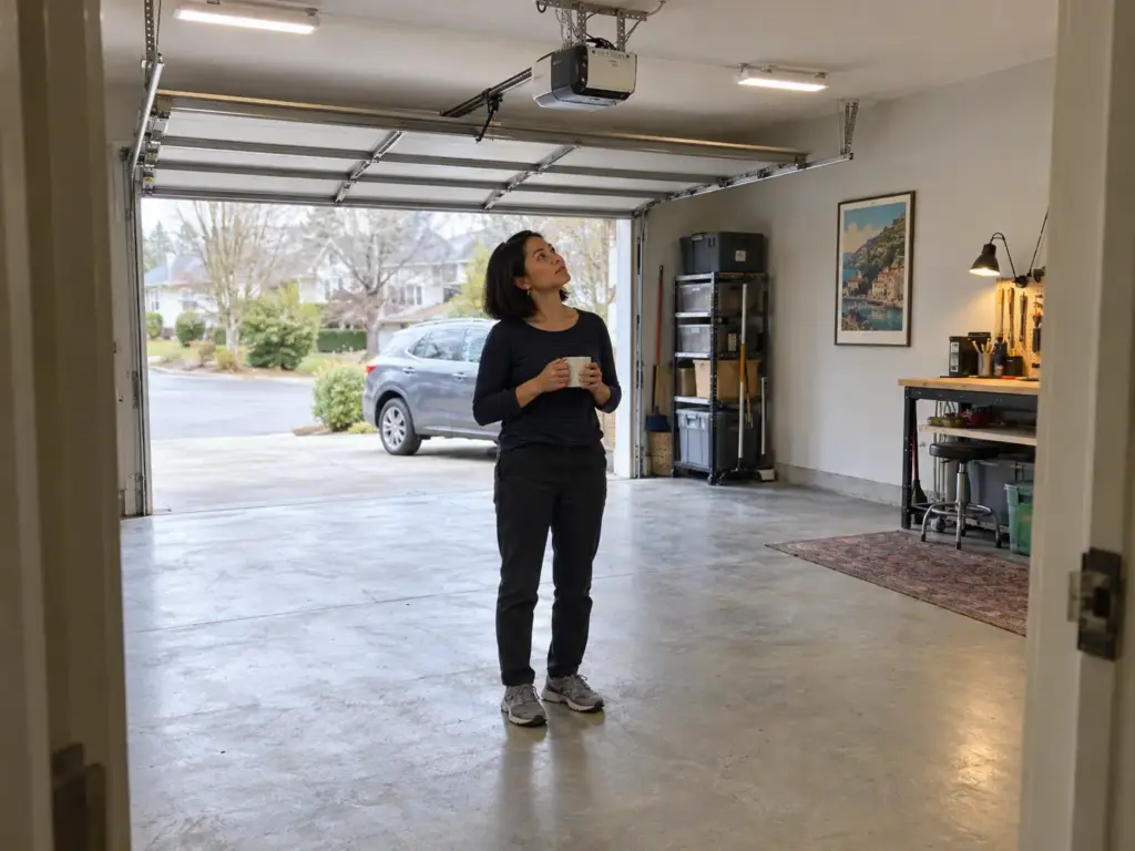 Woman in a garage looking up at the empty white ceiling while she thinks about where overhead storage could go
