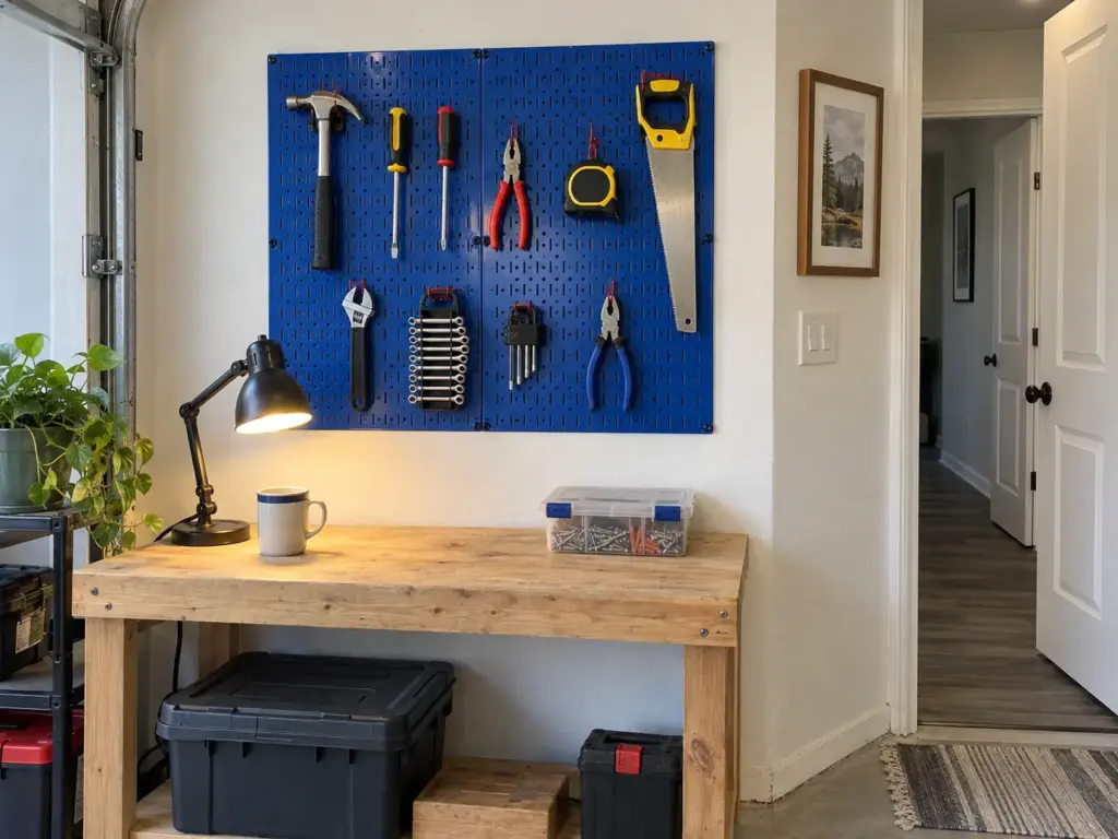 Garage Organization Ideas on a Budget, in the Right Order 6 Steel pegboard panel on a garage wall holding hand tools on hooks above a small bench